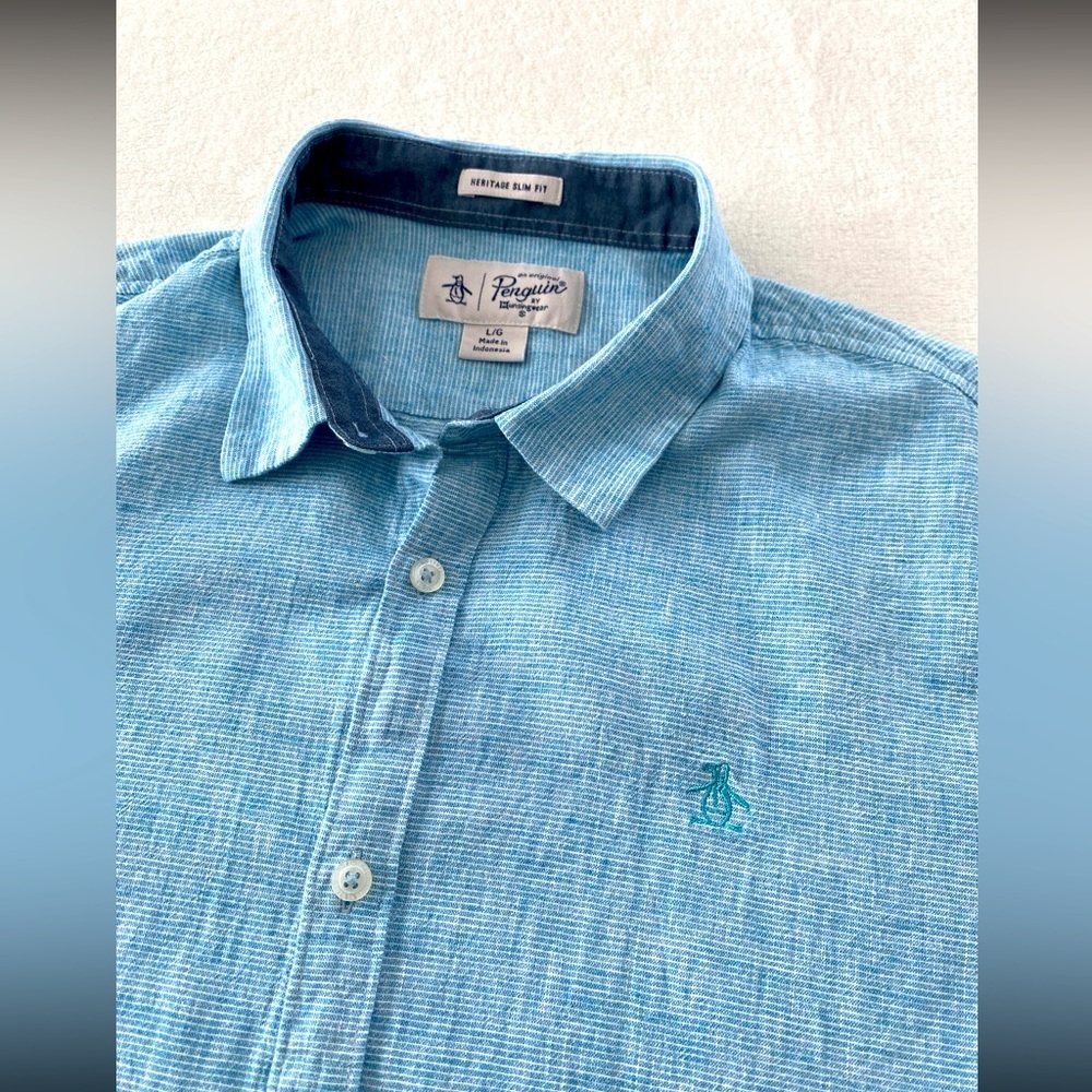 Original penguin heritage Slim fit men’s Sz LG linen blend 55% linen 45% cotton.
